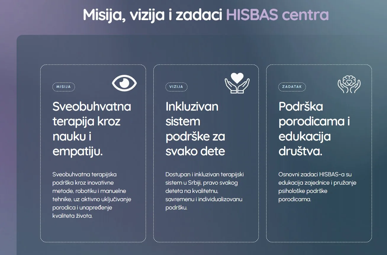 Sekcija misije i vizije na sajtu HISBAS centra