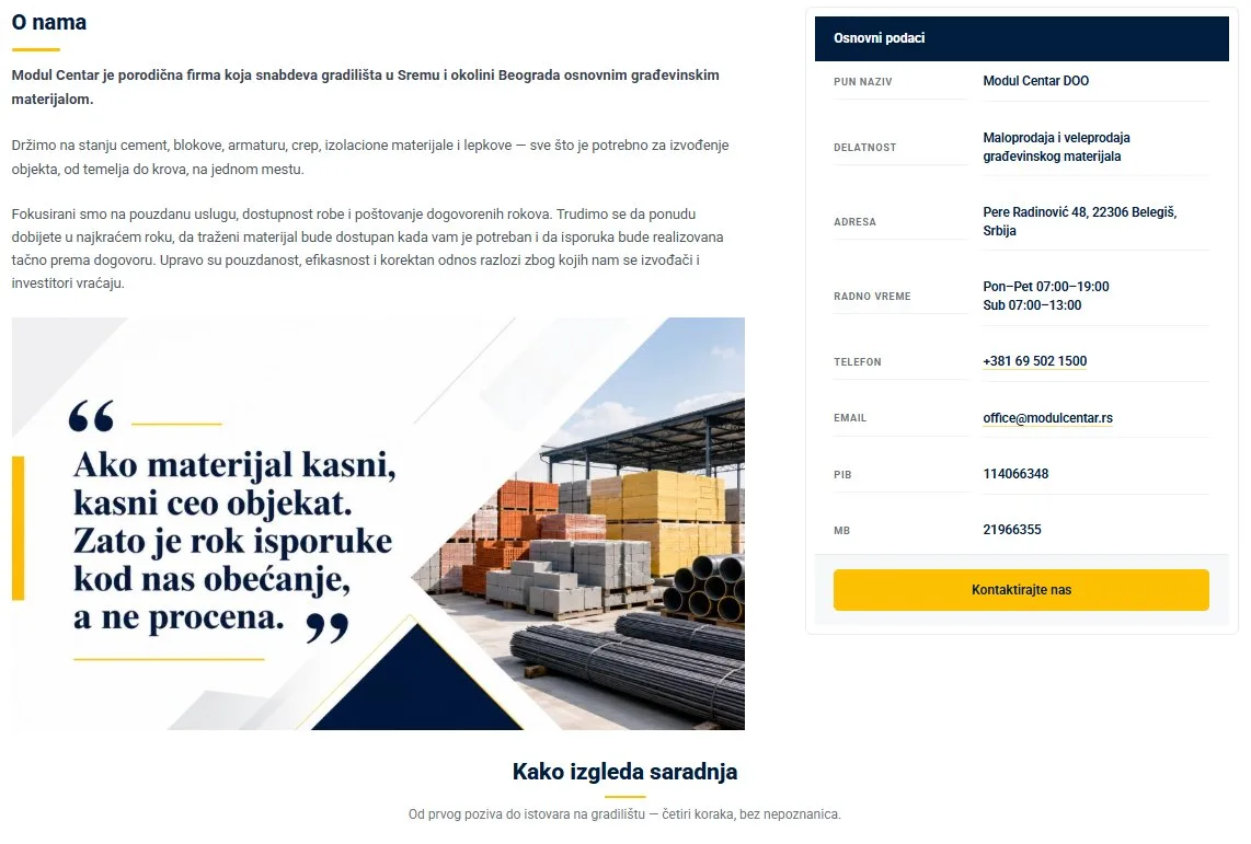 Stranica O nama na sajtu Modul Centar